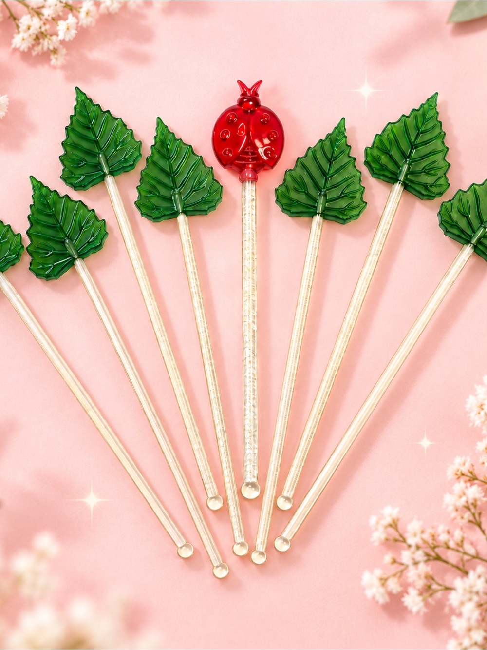 Vintage Style Leaf & Ladybug Drink Stirrers Swizzle Sticks Set of 8